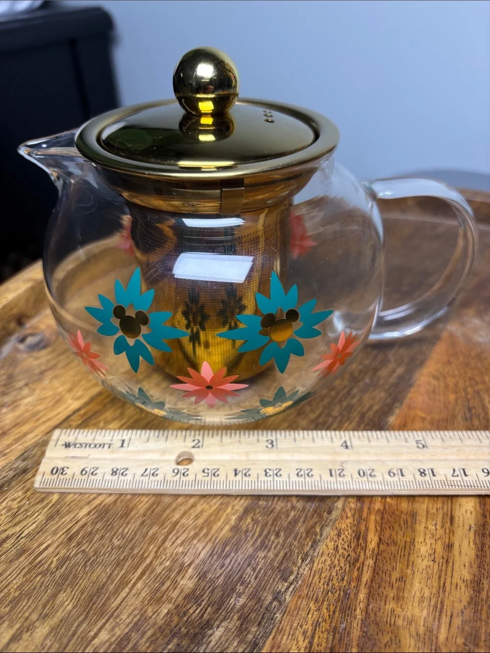 Disney Glass Teapot Infuser Loose Leaf Tea Gold Lid Floral Design Teal & Orange
